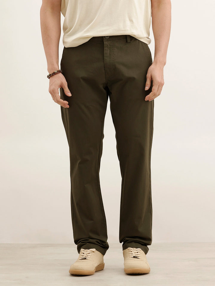 Straight Fit Solid Trouser | Olive
