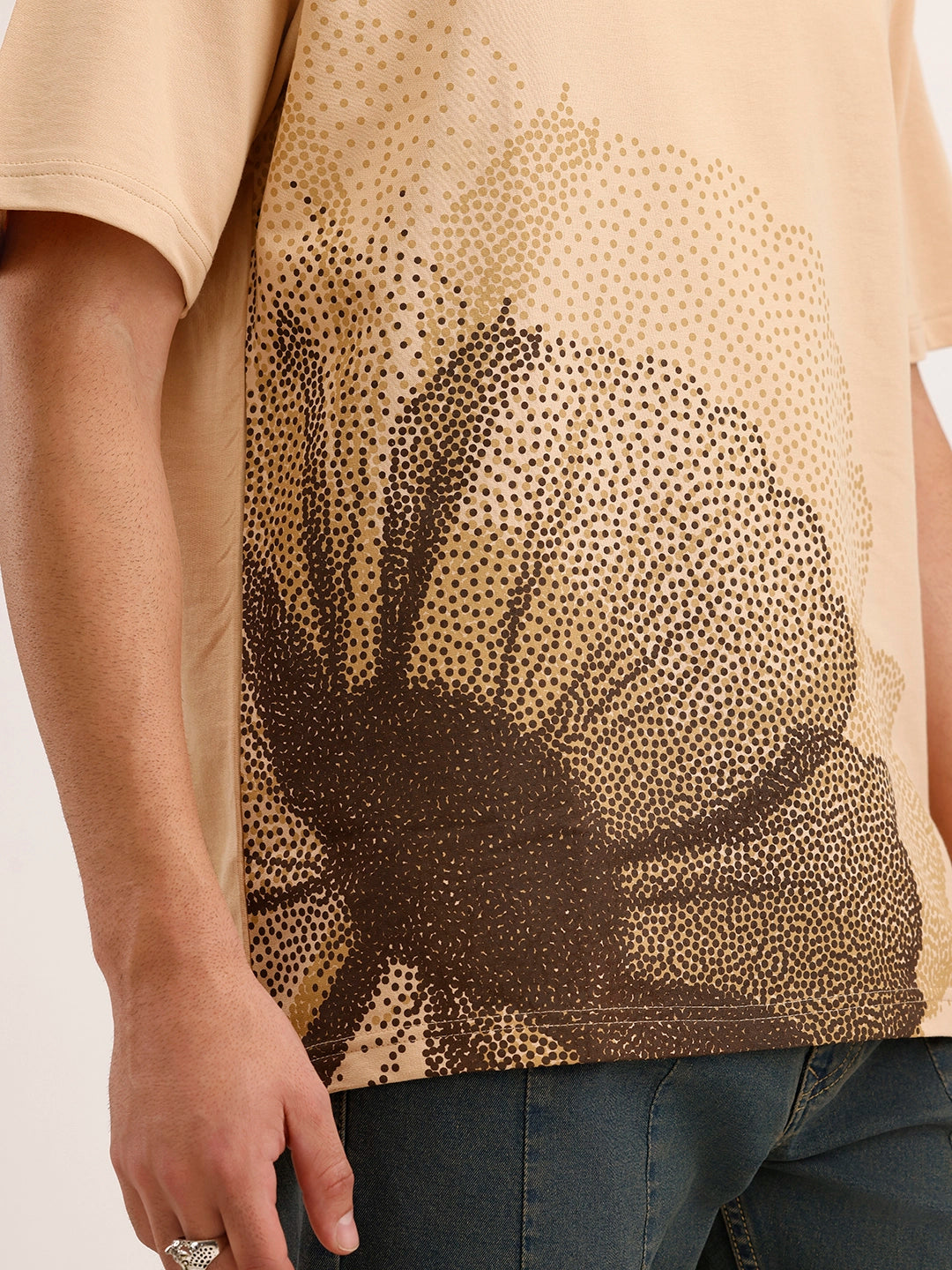 Oversized Cut & Sew Placement Printed T-Shirt | Beige