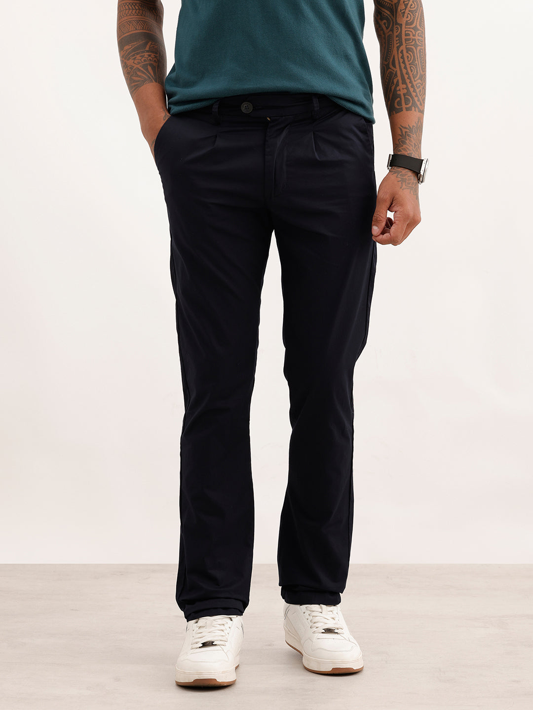 Solid Slim Fit Pleated Trouser | Navy Blue