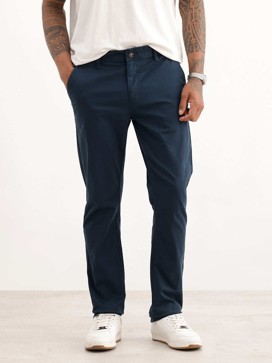 Solid Slim Fit 100% Cotton Trouser | Navy Blue