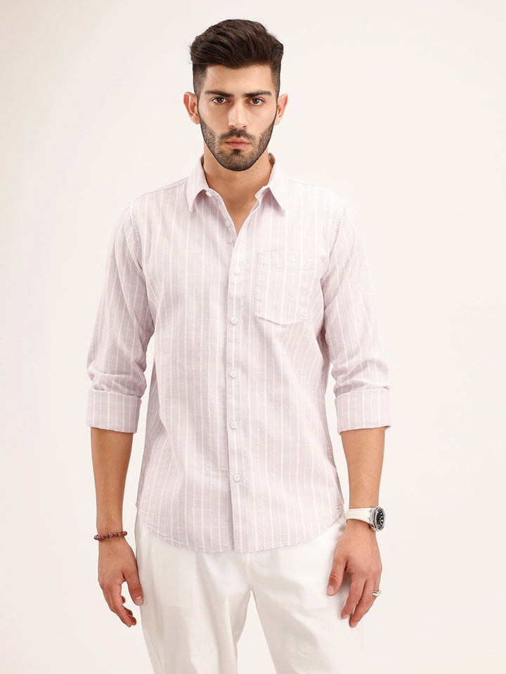 Textured Slim Fit Striped Shirt | Pink