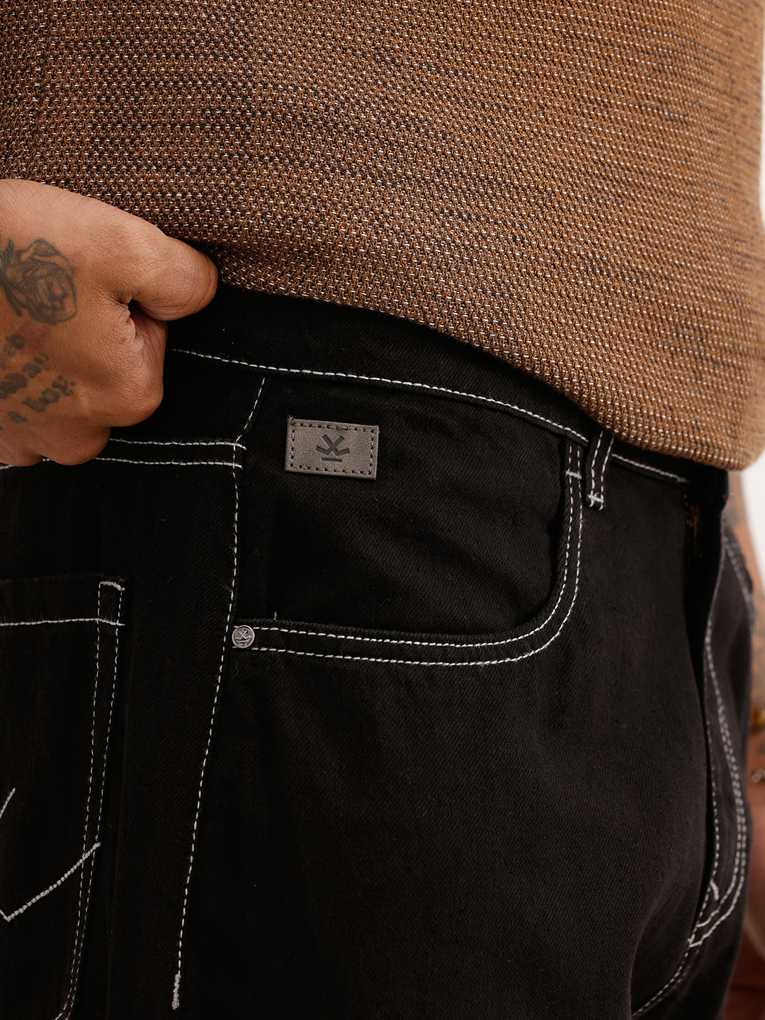 Loose Fit Contrast Stitch Denim Jeans | Black