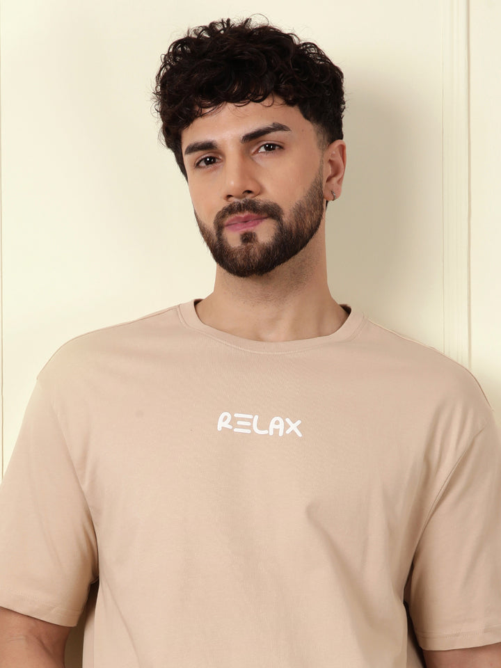 Relax Printed Beige Oversized T-Shirt