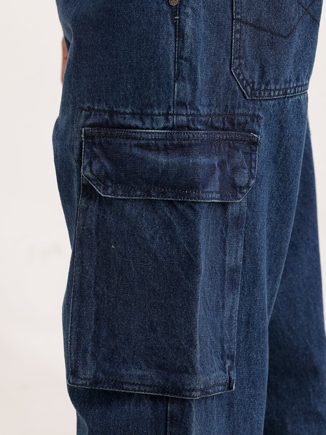 Solid Loose Fit Cargo Denim Jeans | Dark Blue