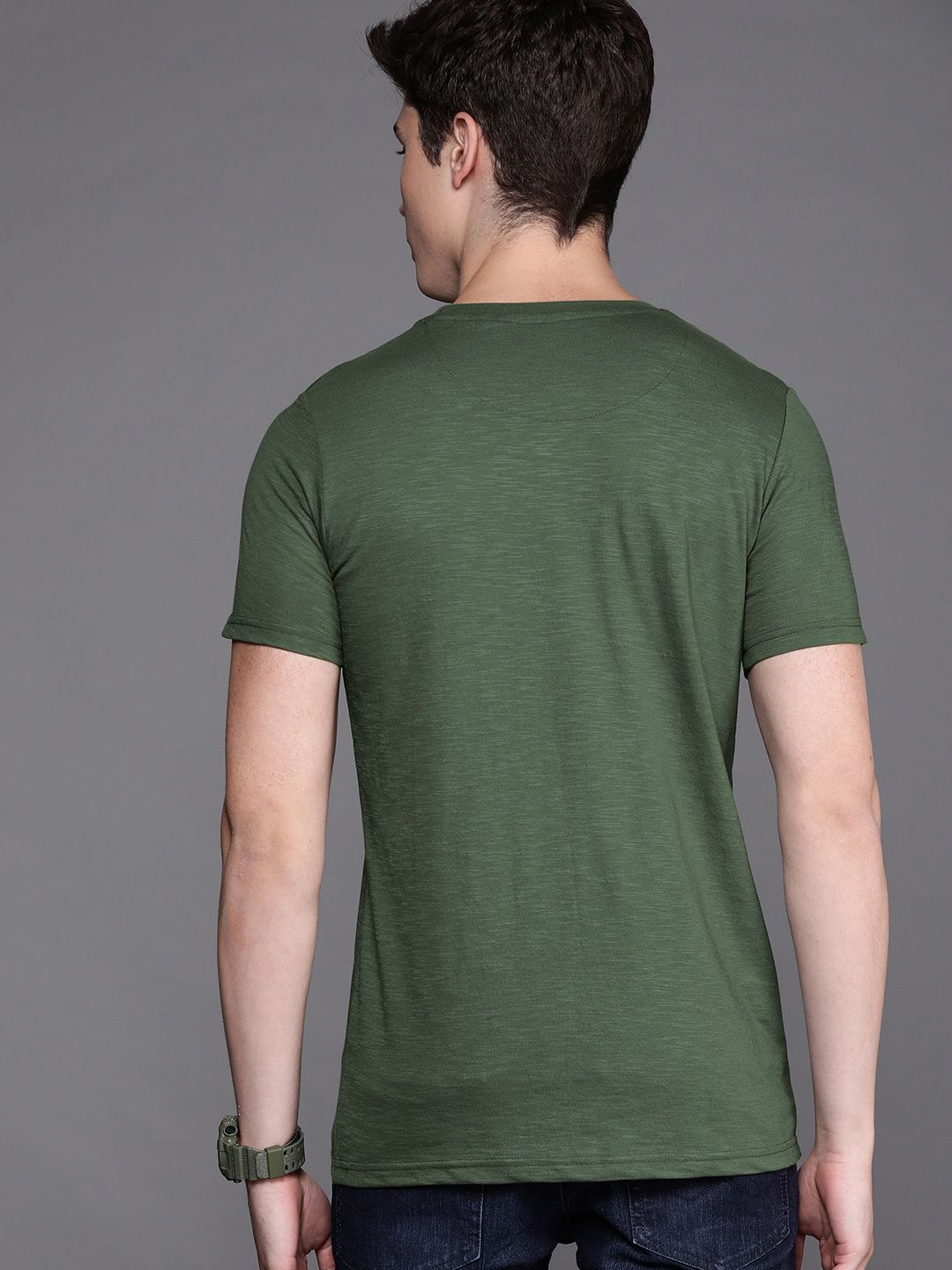 Olive Green Lines Round Neck T-Shirt