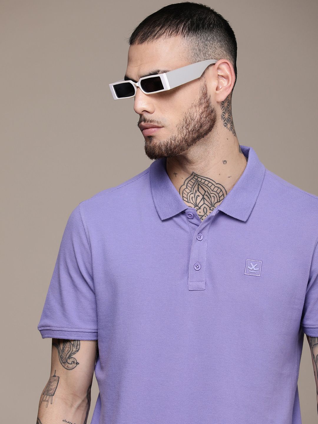 Lavender Solid Slim Fit Polo Collar T-Shirt