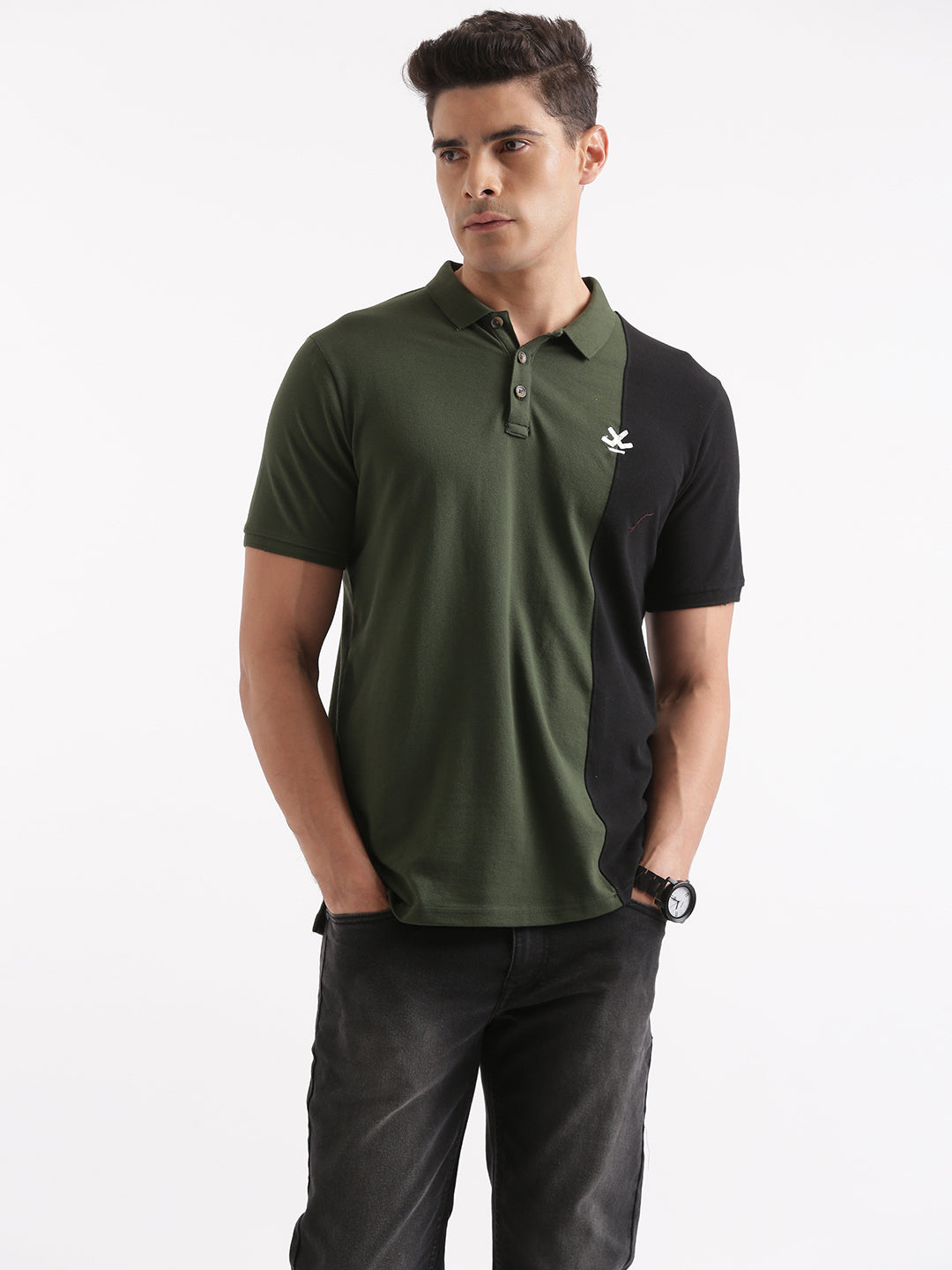 Olive Vertical Color Block Polo T-Shirt