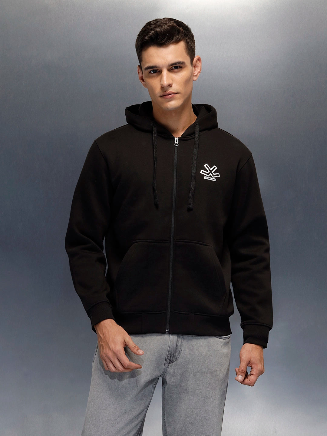 men's casual front zip up hooded sweatshirt | Black