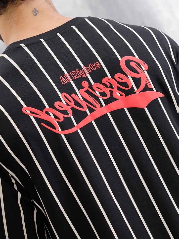 Striped Oversized Fit T-shirt With Puff Print | Black
