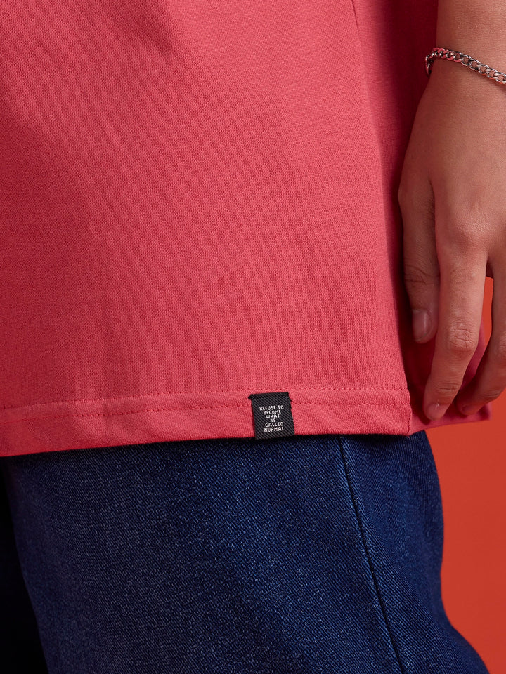 Contrast Neck Retro Graphic Printed Oversized Fit Tshirt | Red