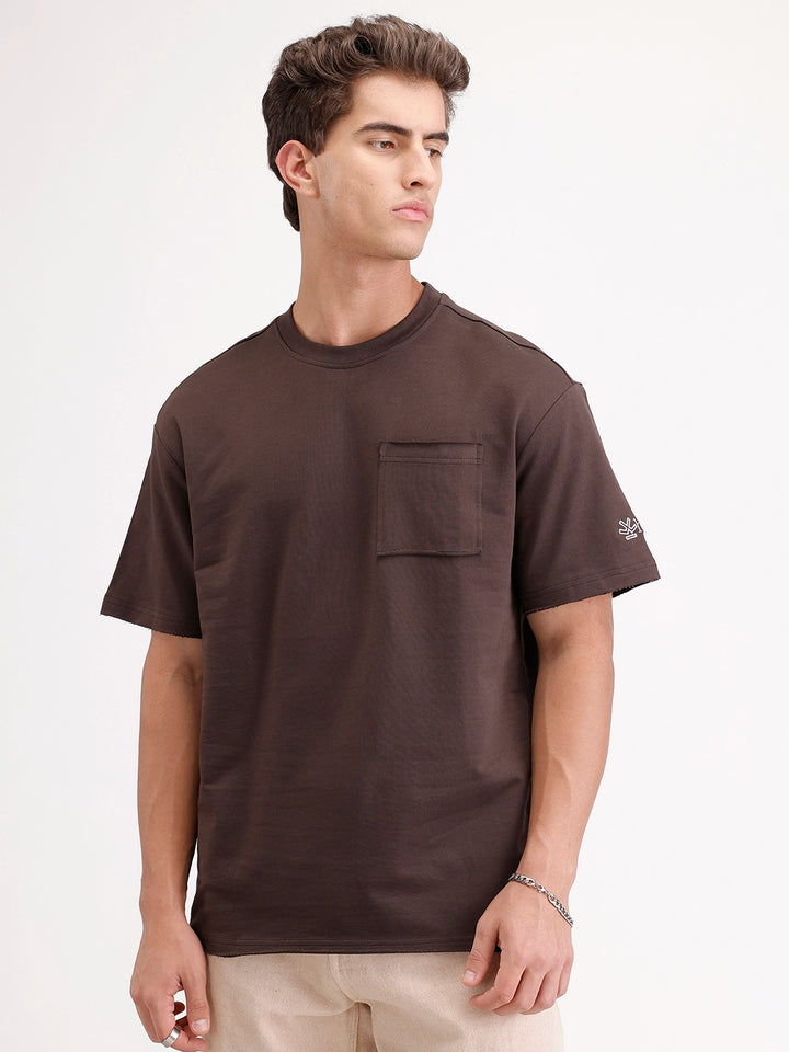 Oversized Solid Patch Pocket T-Shirt | Brown