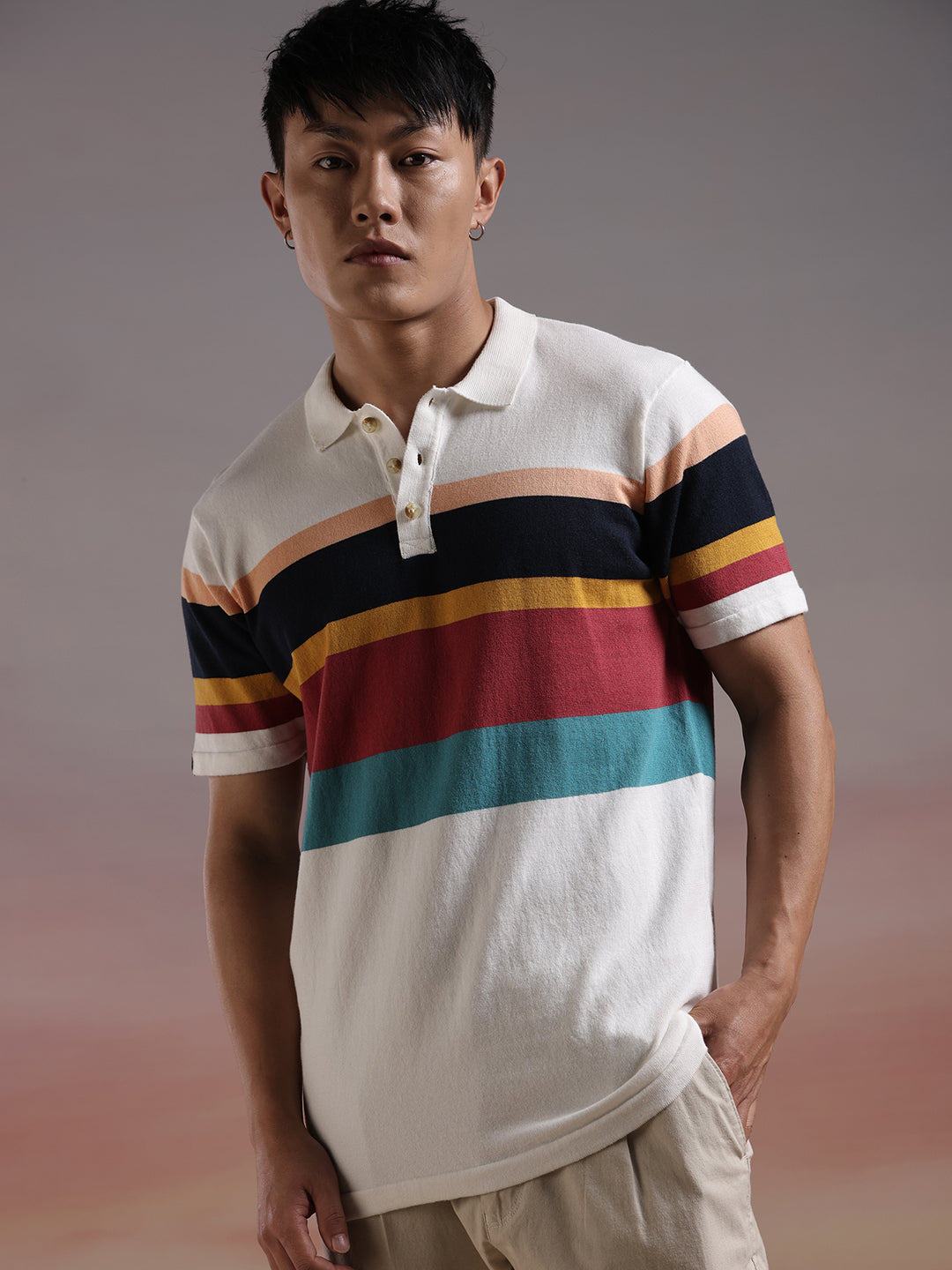 Striped Blocks Knit Polo T-Shirt