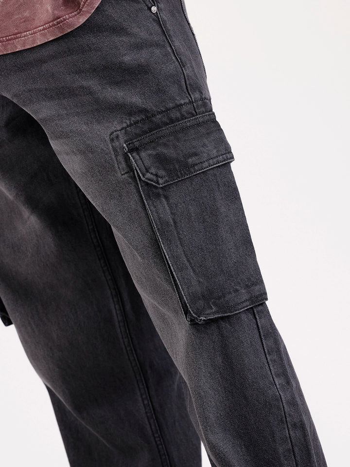Washed Loose Fit Cargo Denim   |  Grey
