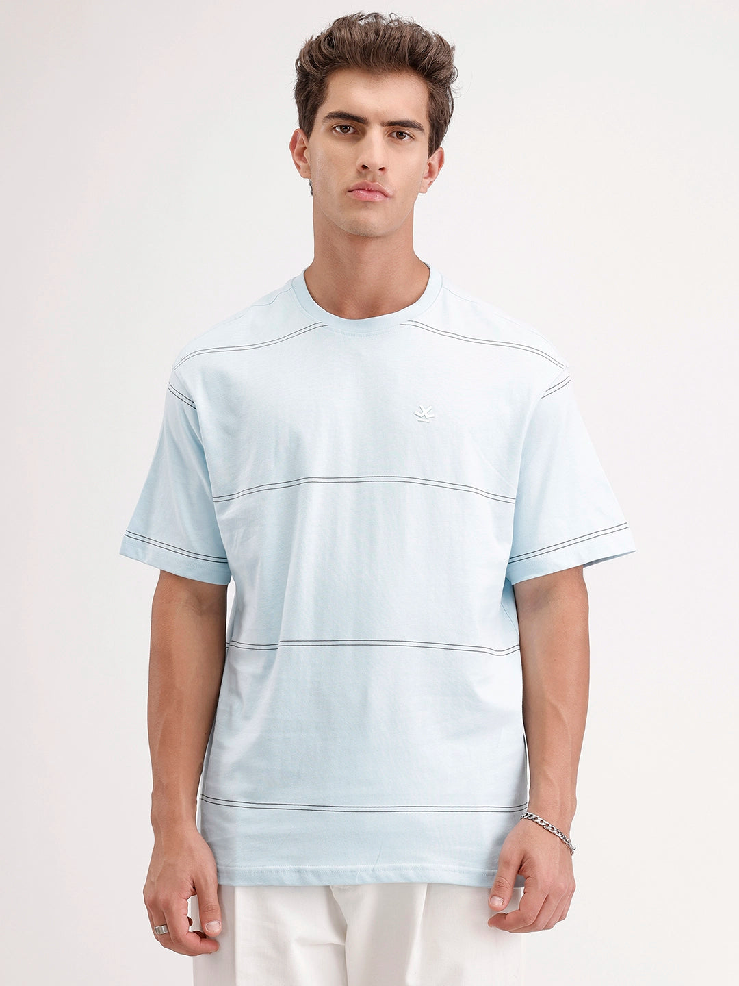 Oversized Stripes Printed T-Shirt | Light Blue