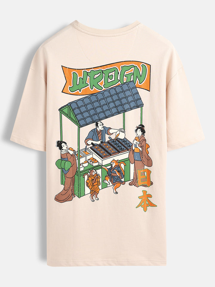 Oversized Black Cotton T-shirt with Graphic Accent | Beige