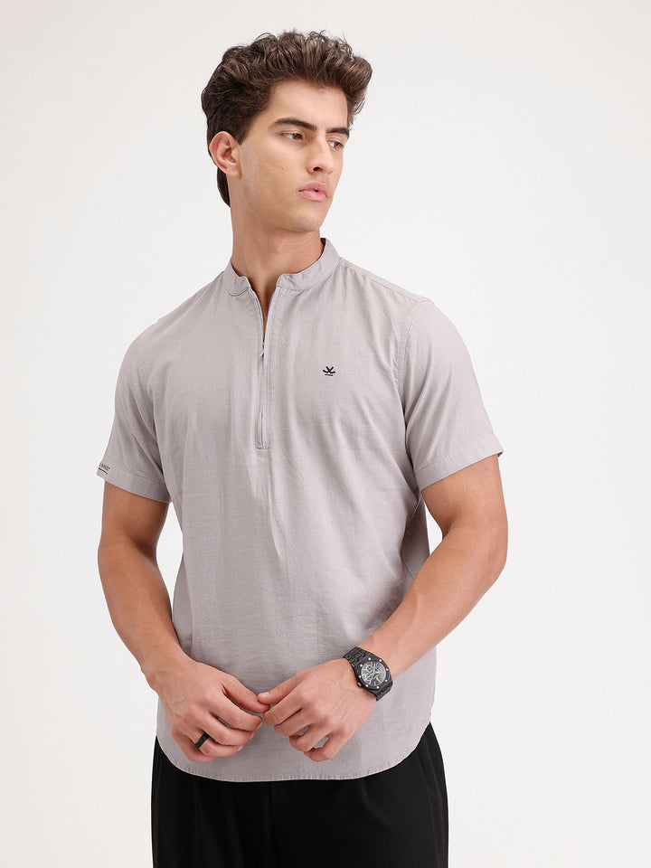 Classic Regular Fit Mandrin Collar Shirt | Grey