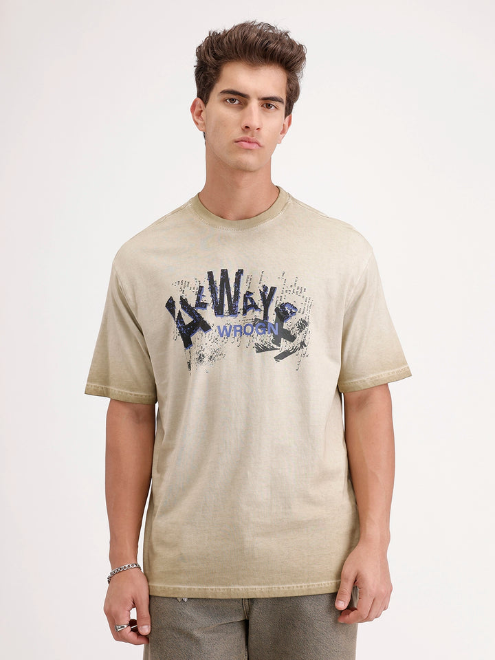 Oversized Washed Placement Printed T-Shirt | Khaki