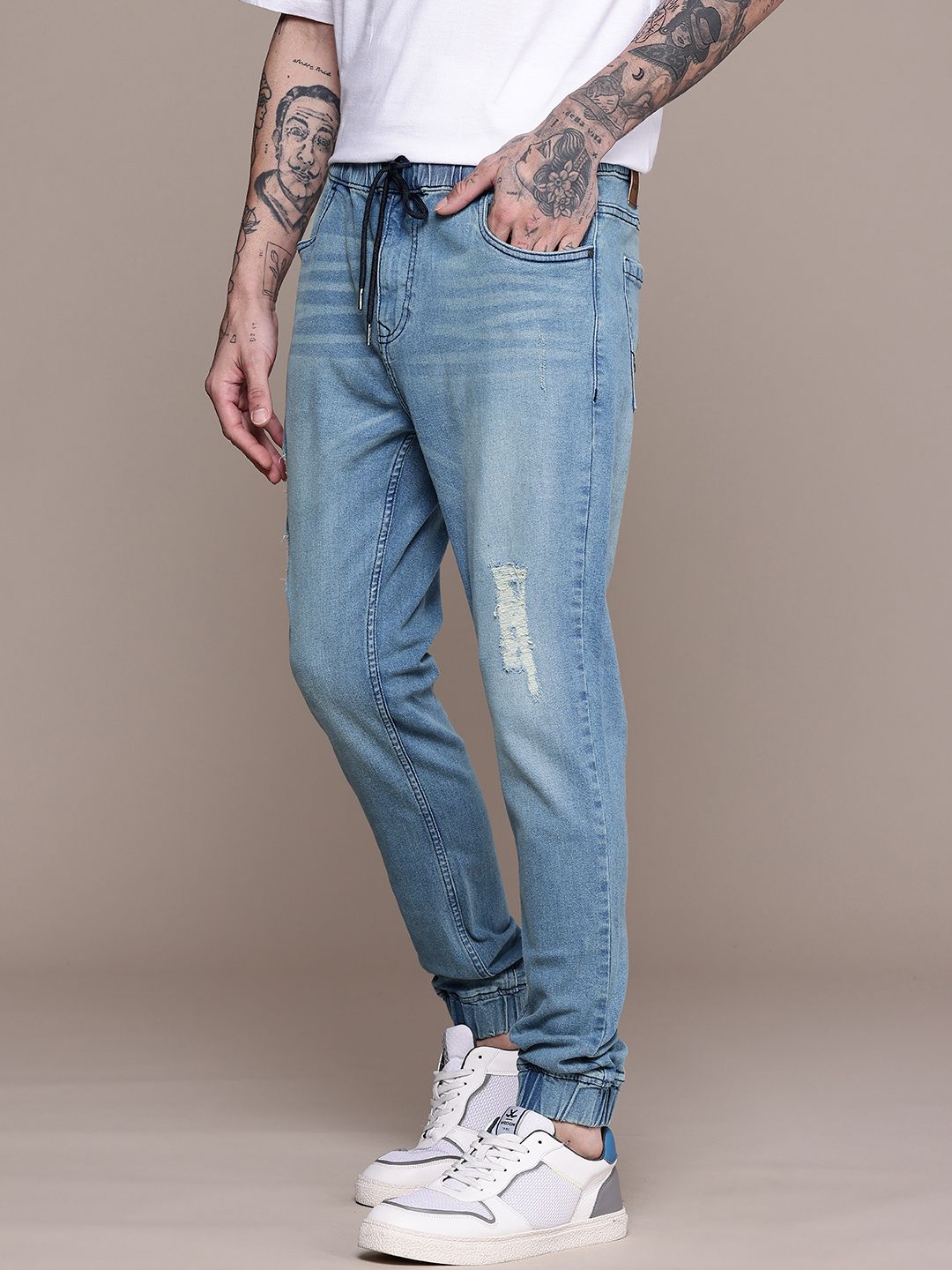 Blue Mildly Distressed Denim Jogger