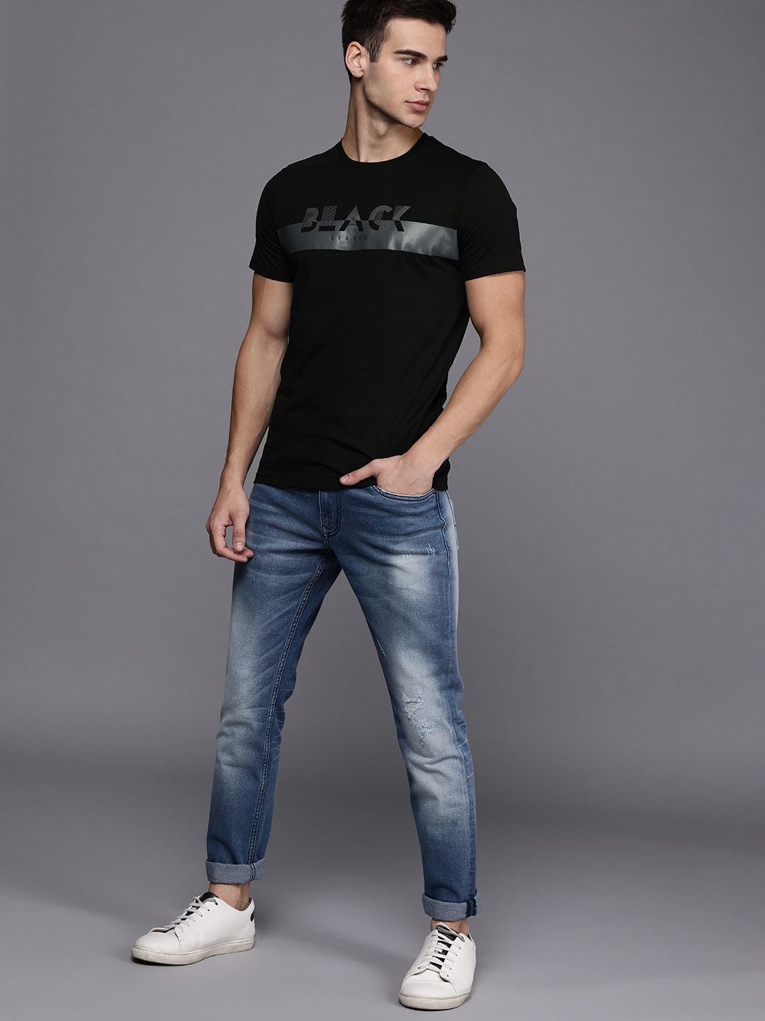 Black on Black Typographic Print T-Shirt