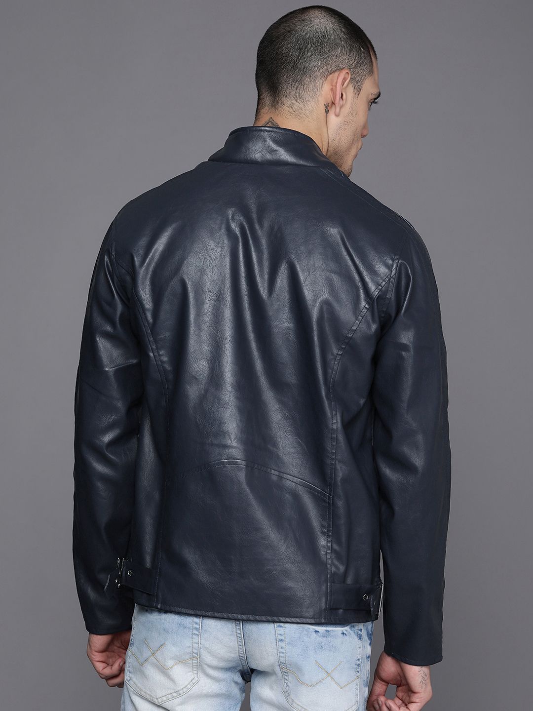 Navy Blue Hooded Leather Jacket