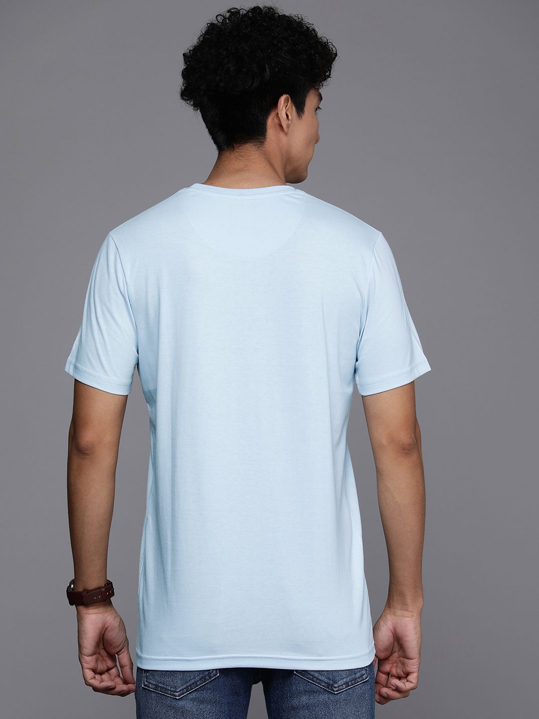 Blue Lined Printed Round Neck T-Shirt