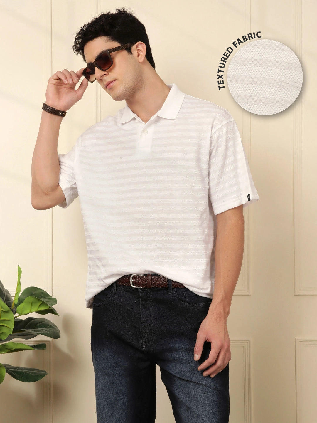 Textured White Oversized Polo T-Shirt