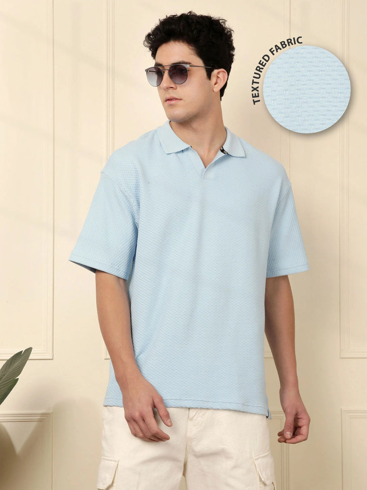 Textured Oversized Polo T-Shirt | Blue