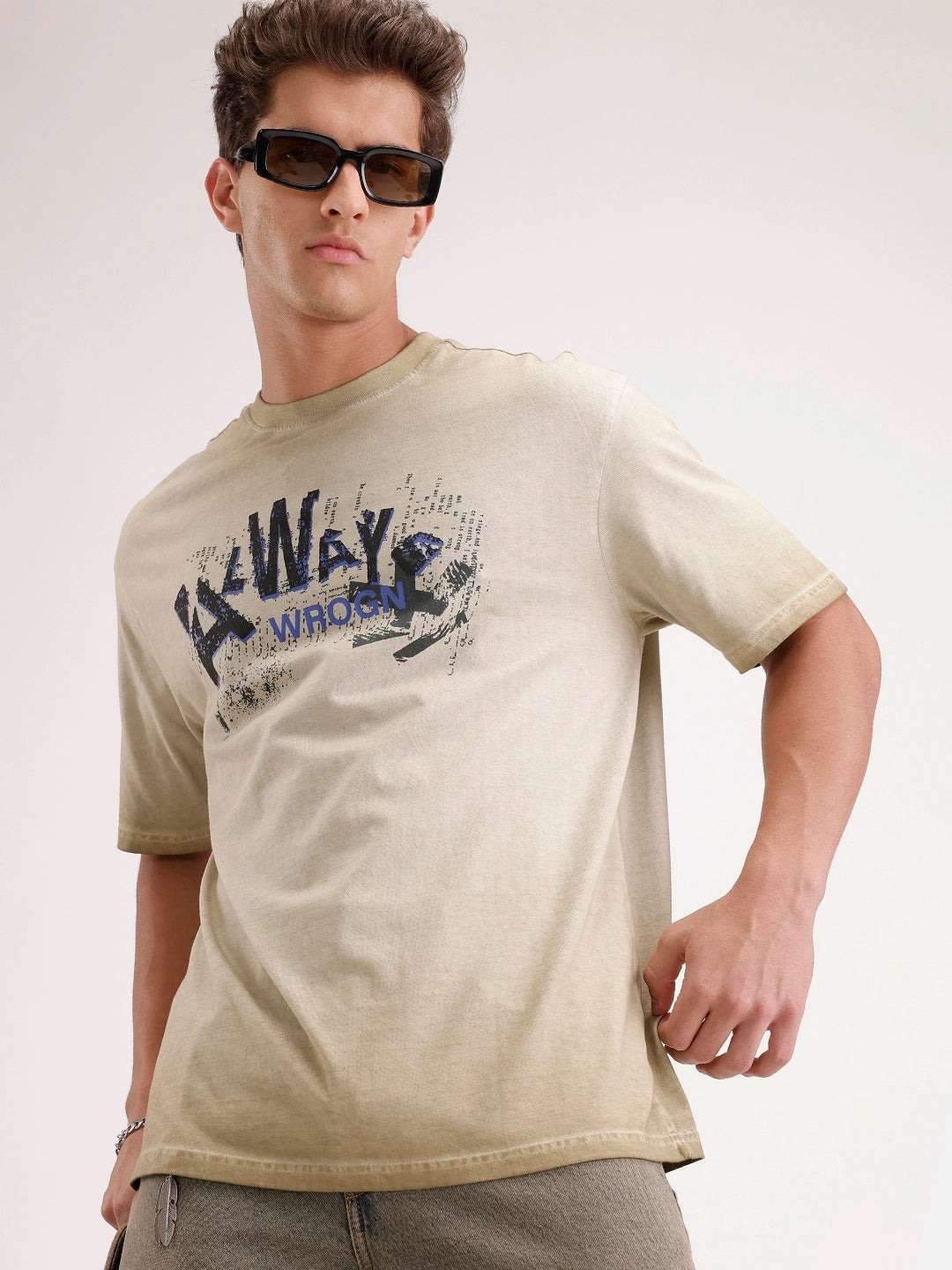 Oversized Washed Placement Printed T-Shirt | Khaki
