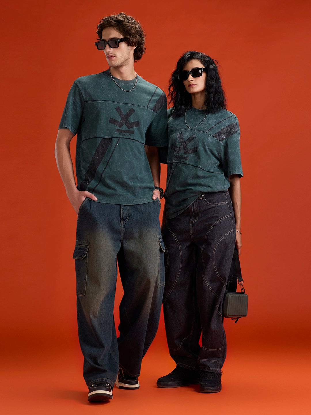 Washed Cut& Sew Graphic Printed Oversized Fit T-Shirt | Dark Green