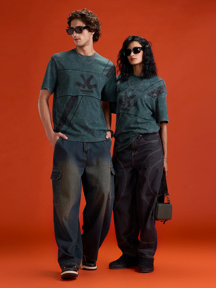 Washed Cut& Sew Graphic Printed Oversized Fit T-Shirt | Dark Green