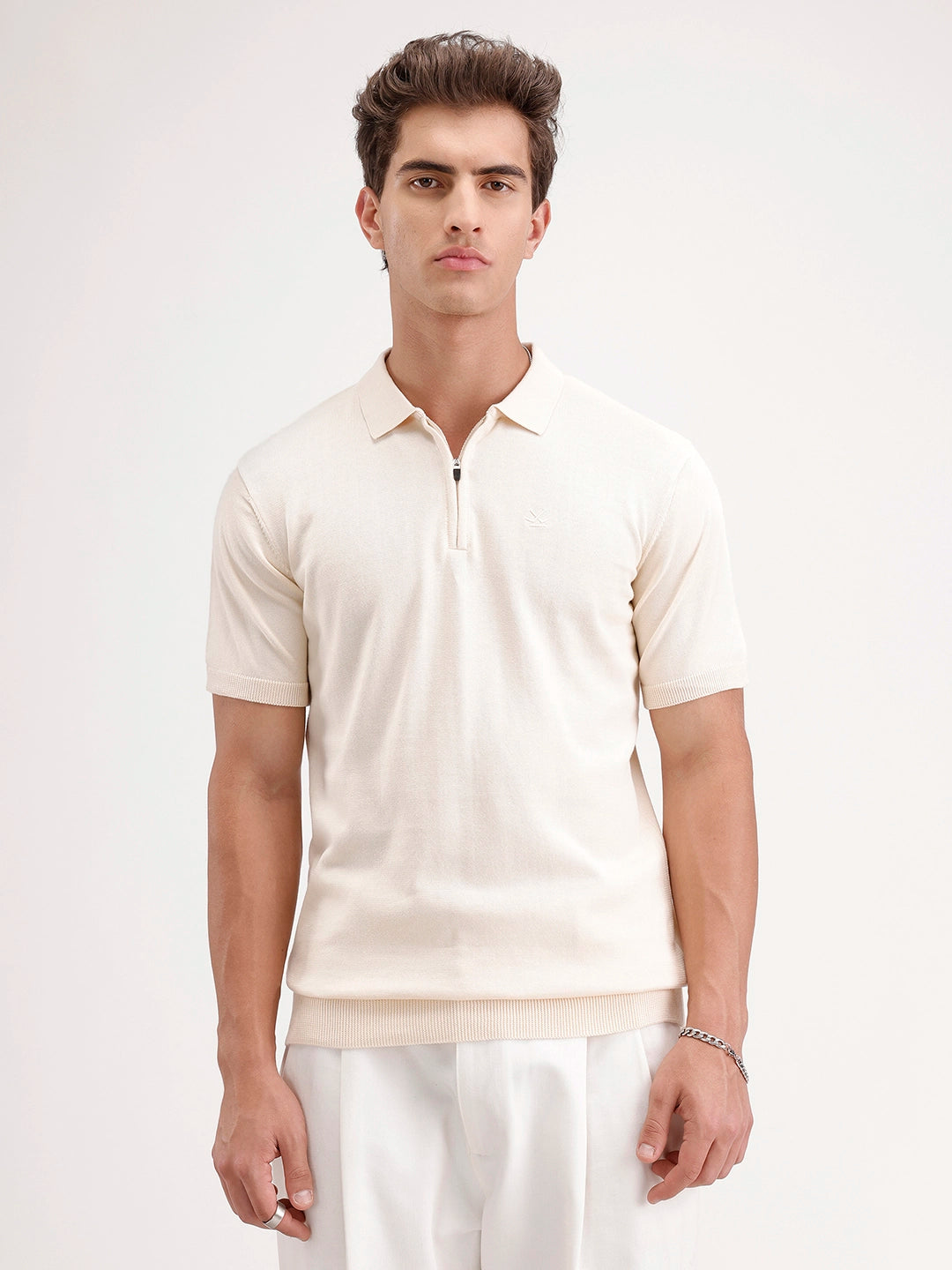 Slim Fit Flat Knit Polo T-Shirt | Beige