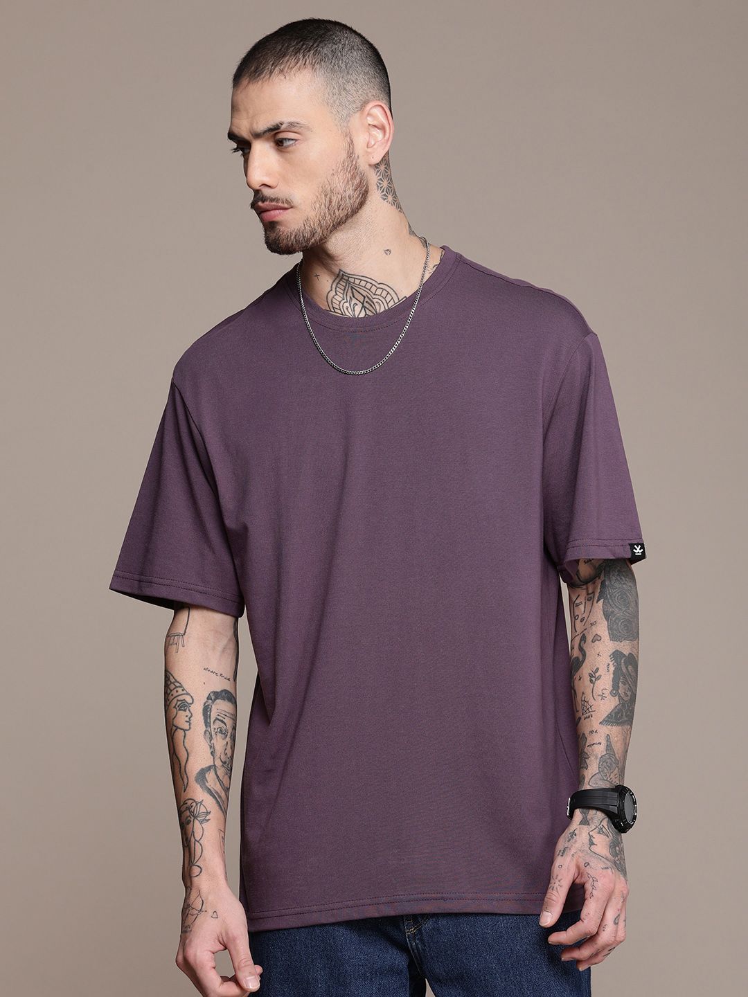 Solid Purple Drop-Shoulder Oversized T-Shirt