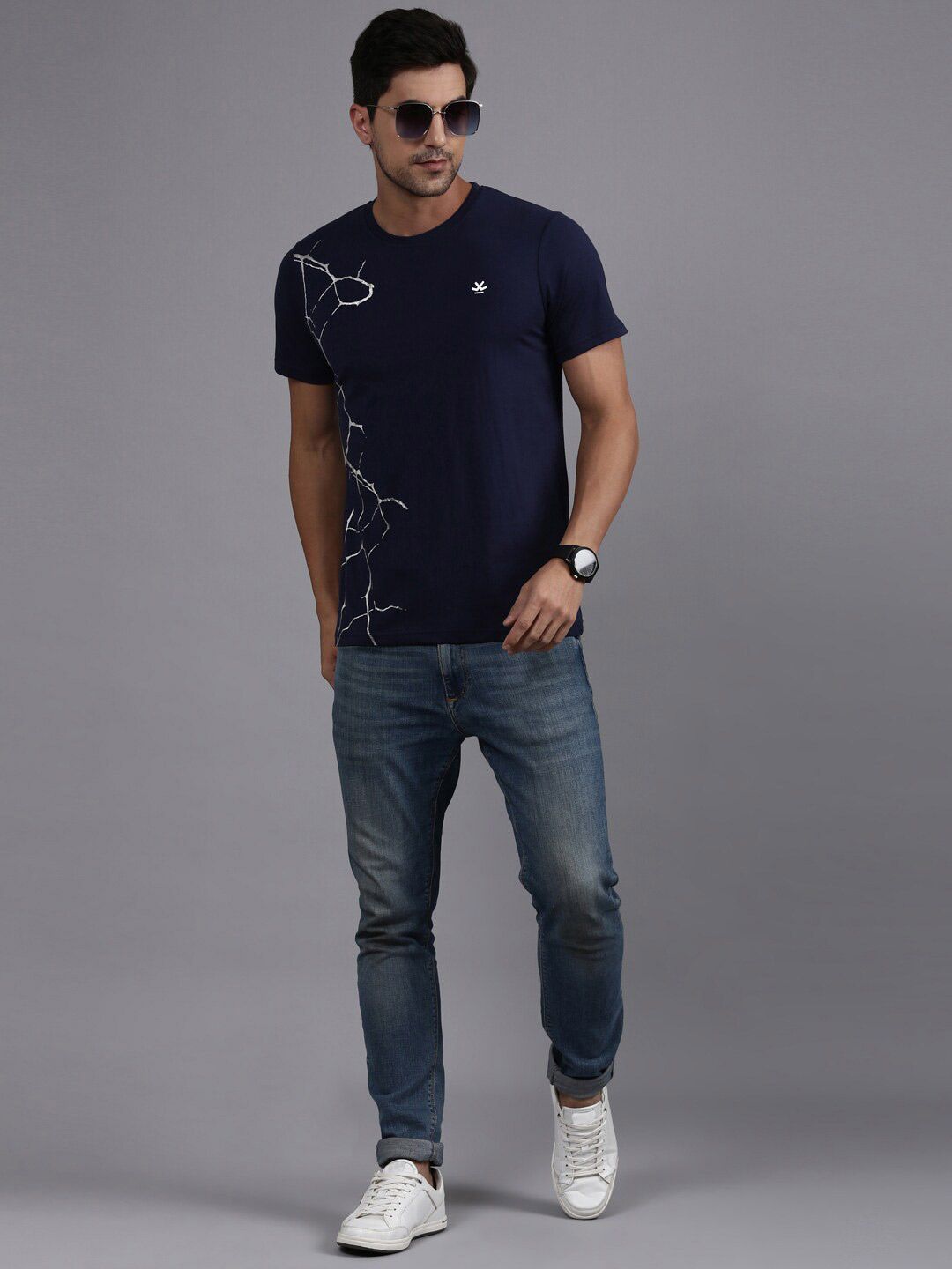 Navy Foil Print Crew Neck T-Shirt