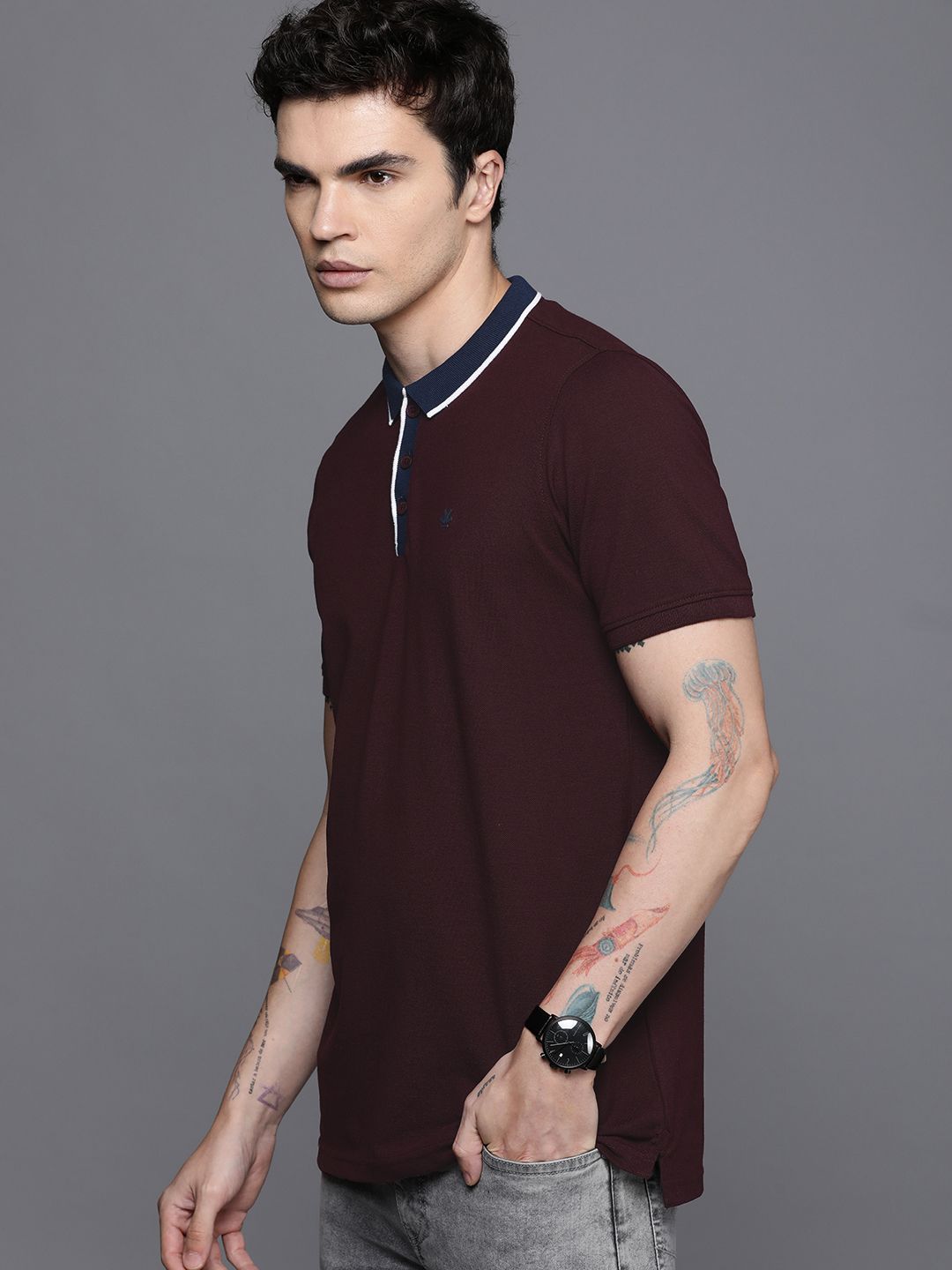 Basic Burgundy Polo Collar T-Shirt