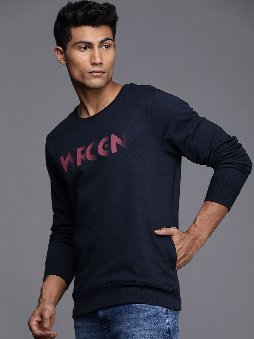 Navy Blue Wrogn Print Slim Fit Sweatshirt