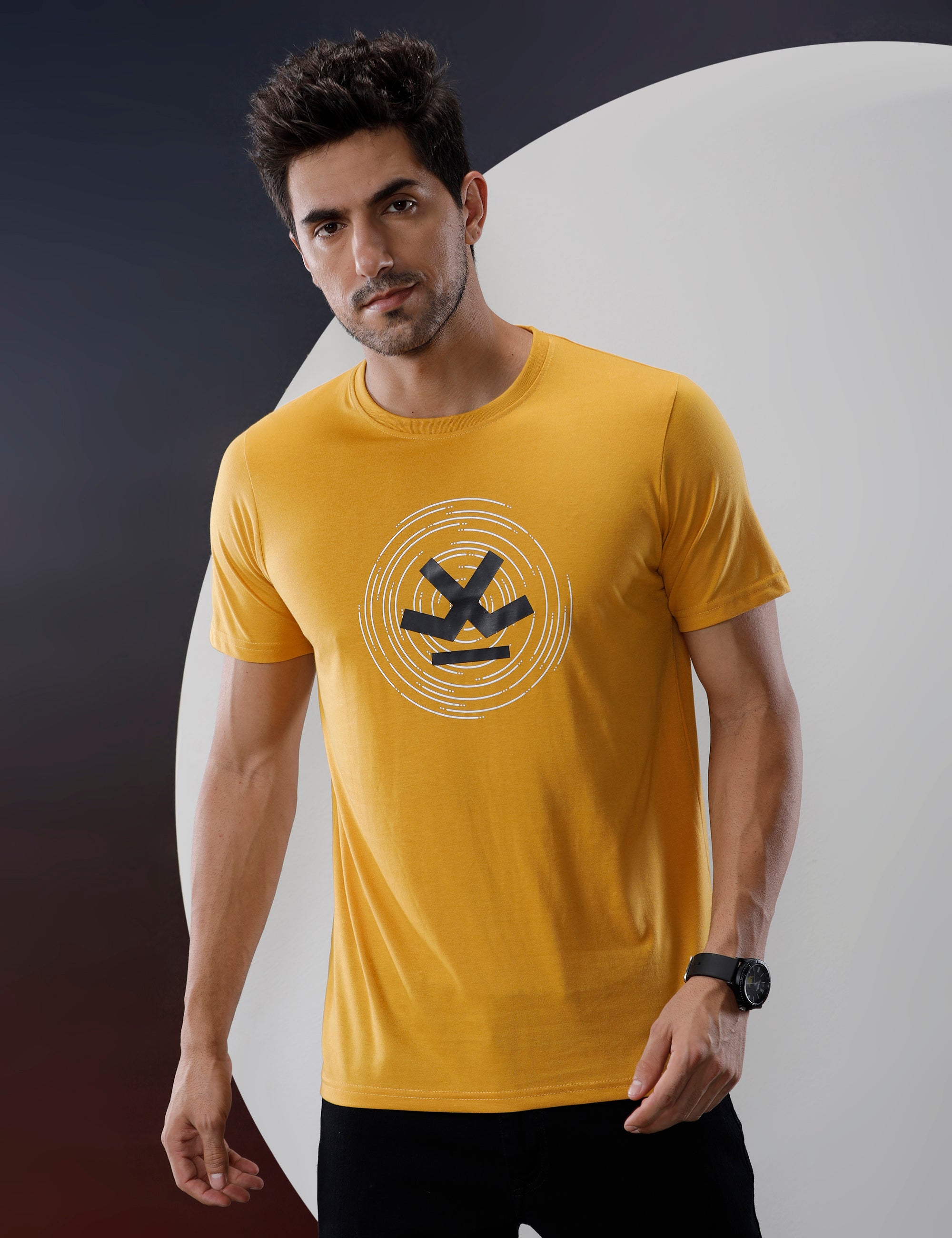 Basic Mustard Chest Print T-Shirt