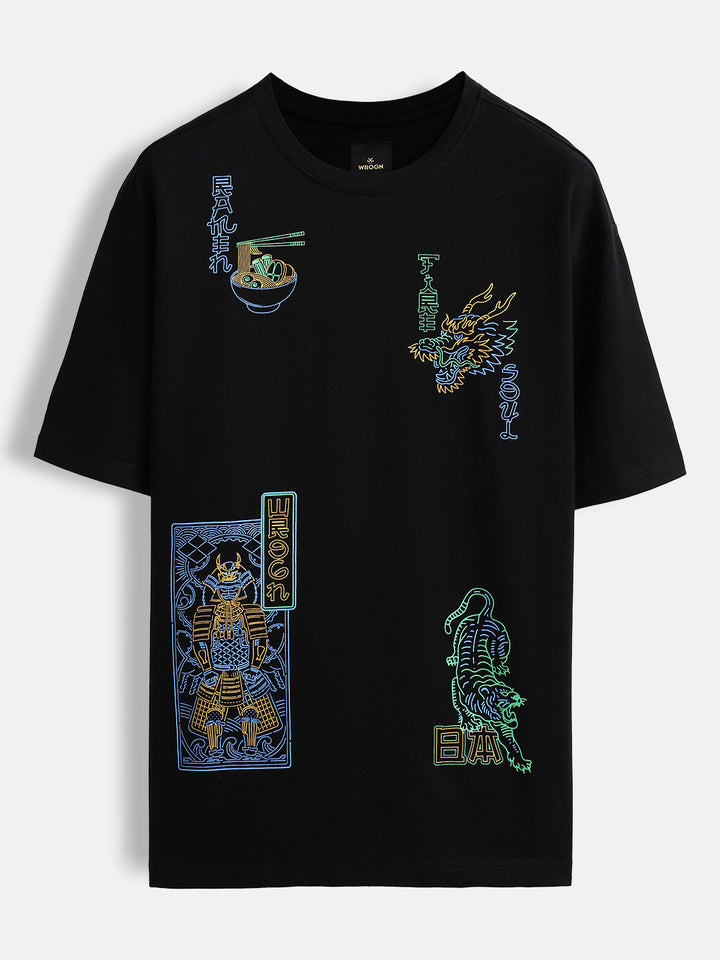 Samurai multi-print oversized T-shirt | Black