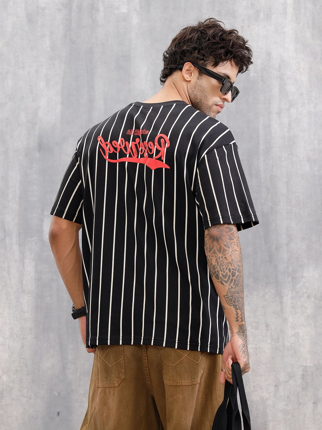Striped Oversized Fit T-shirt With Puff Print | Black