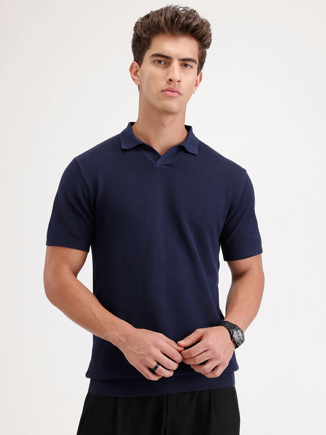 Slim Fit Flat Knit Polo T-Shirt | Navy