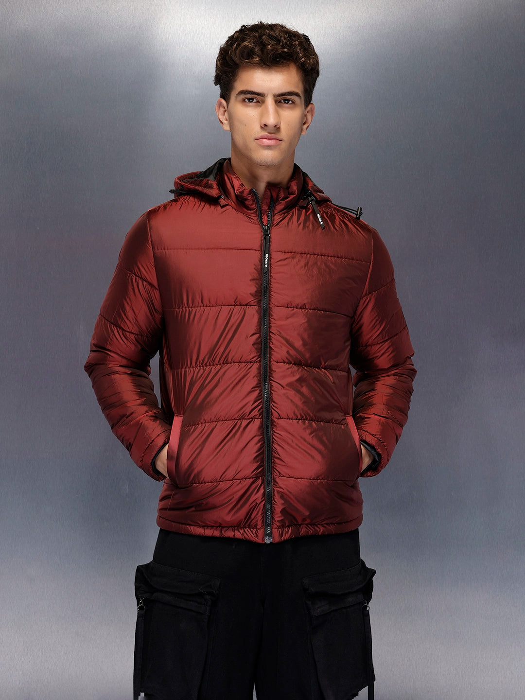 Metallic puffer jacket with hood | Wine