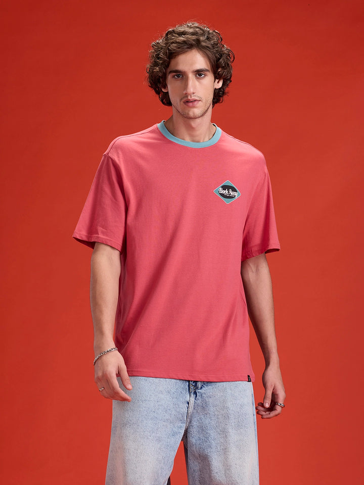 Contrast Neck Retro Graphic Printed Oversized Fit Tshirt | Red