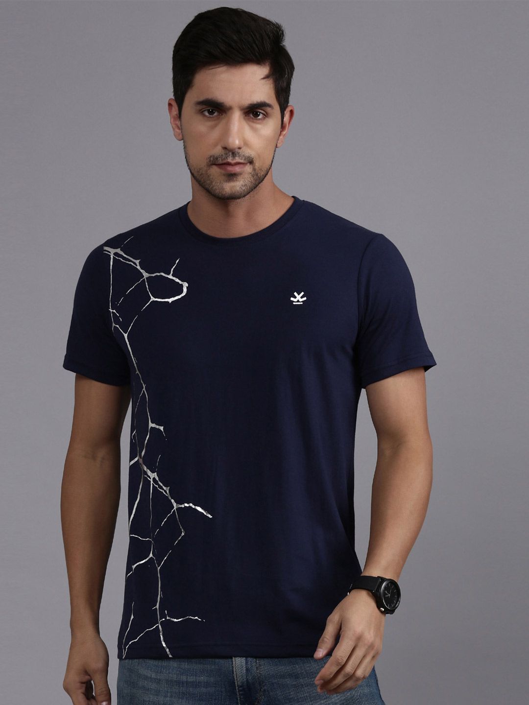 Navy Foil Print Crew Neck T-Shirt