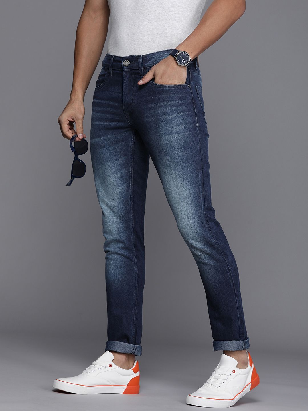 Faded Stretchable Navy Blue Jeans