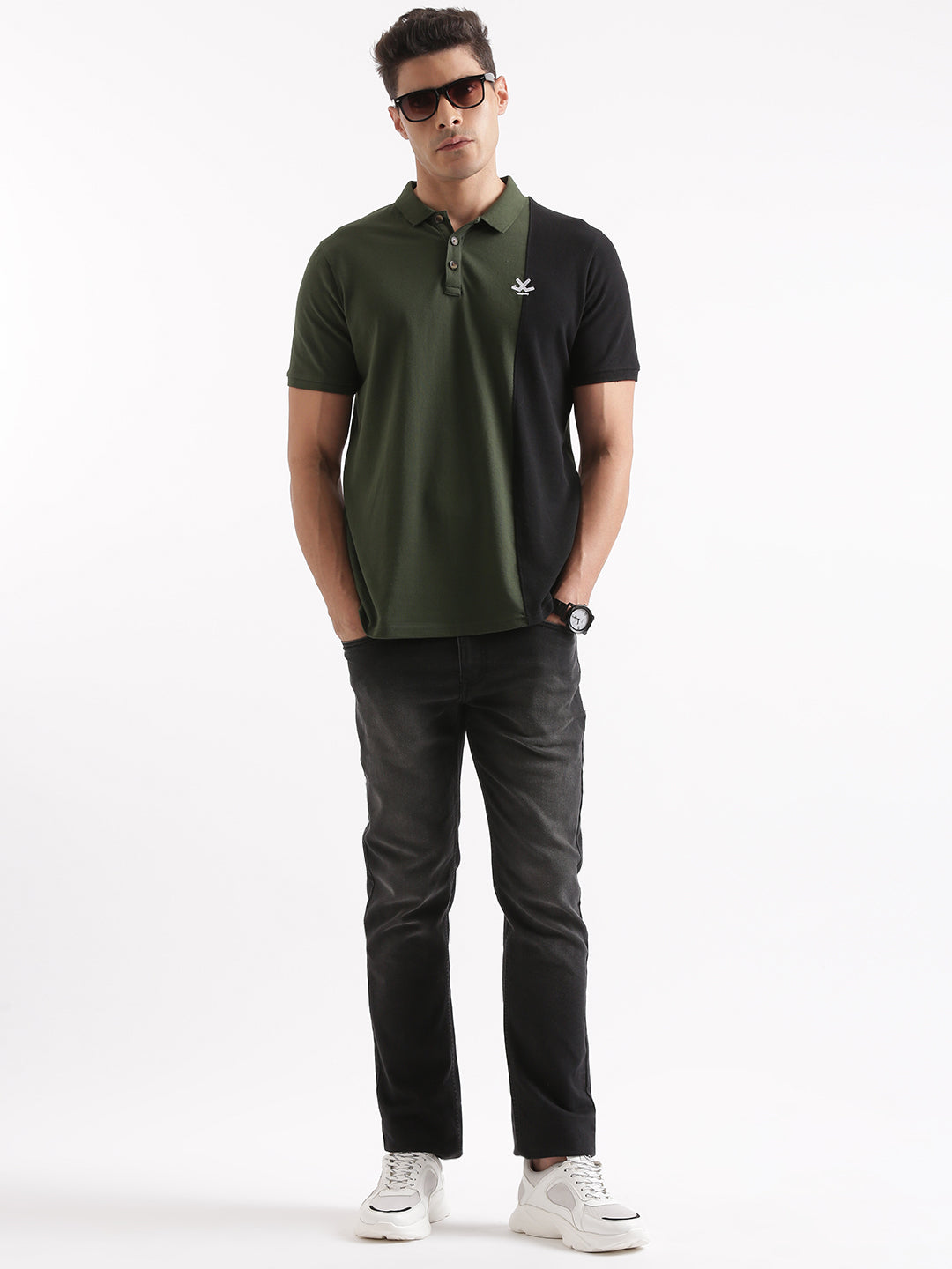 Olive Vertical Color Block Polo T-Shirt