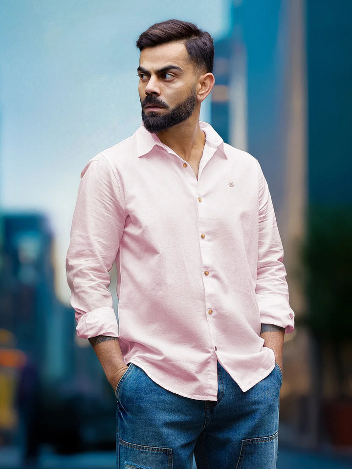 Solid Linen Blend Slim Fit Shirt | Pink