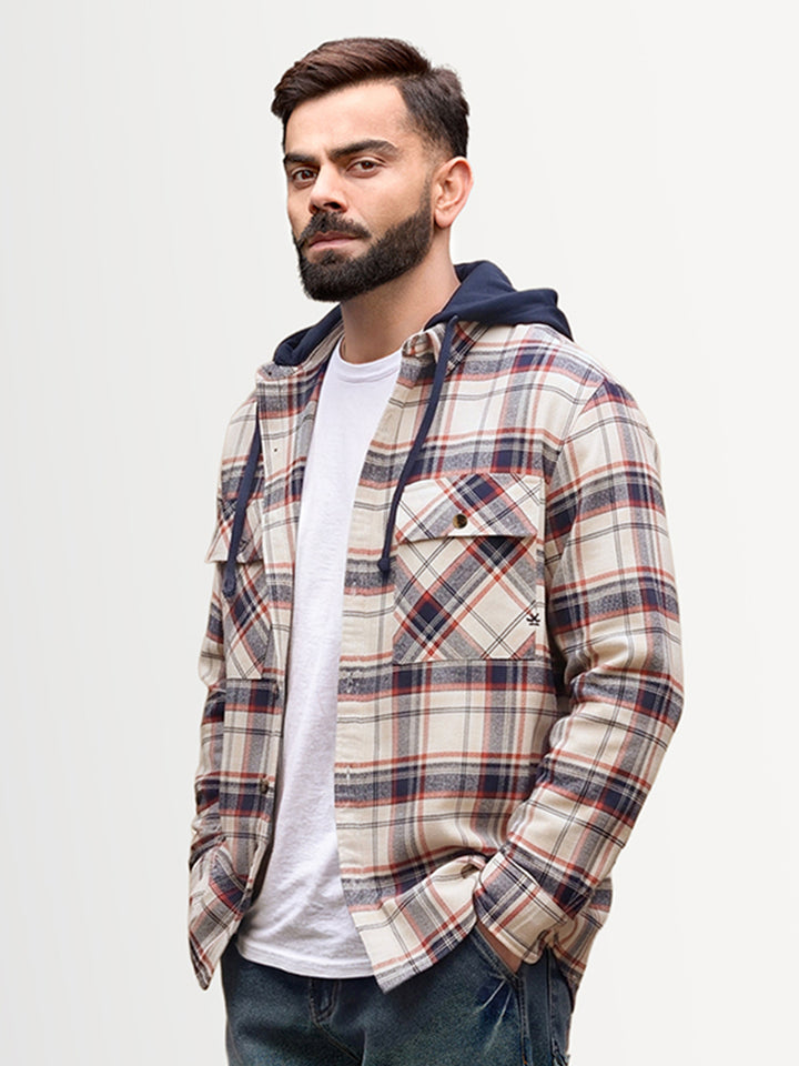 Regular Fit Flannel Hooded Shirt | Beige