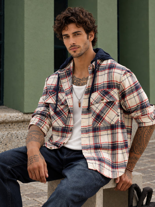 Regular Fit Flannel Hooded Shirt | Beige