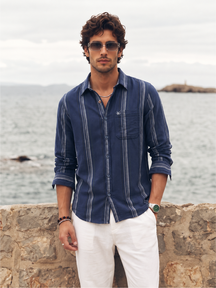 Men's Casual Striped Regular Fit Shirt  | Navy Blue