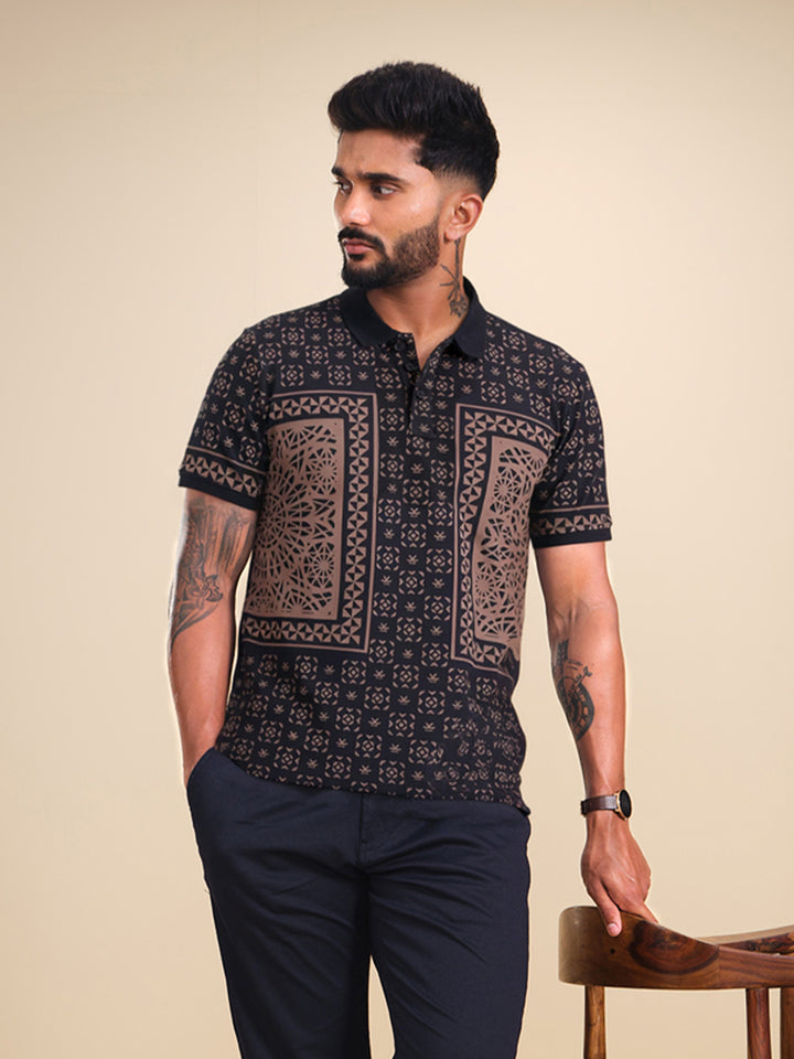 Slim Fit Pannel Printed Polo T-Shirt  | Black