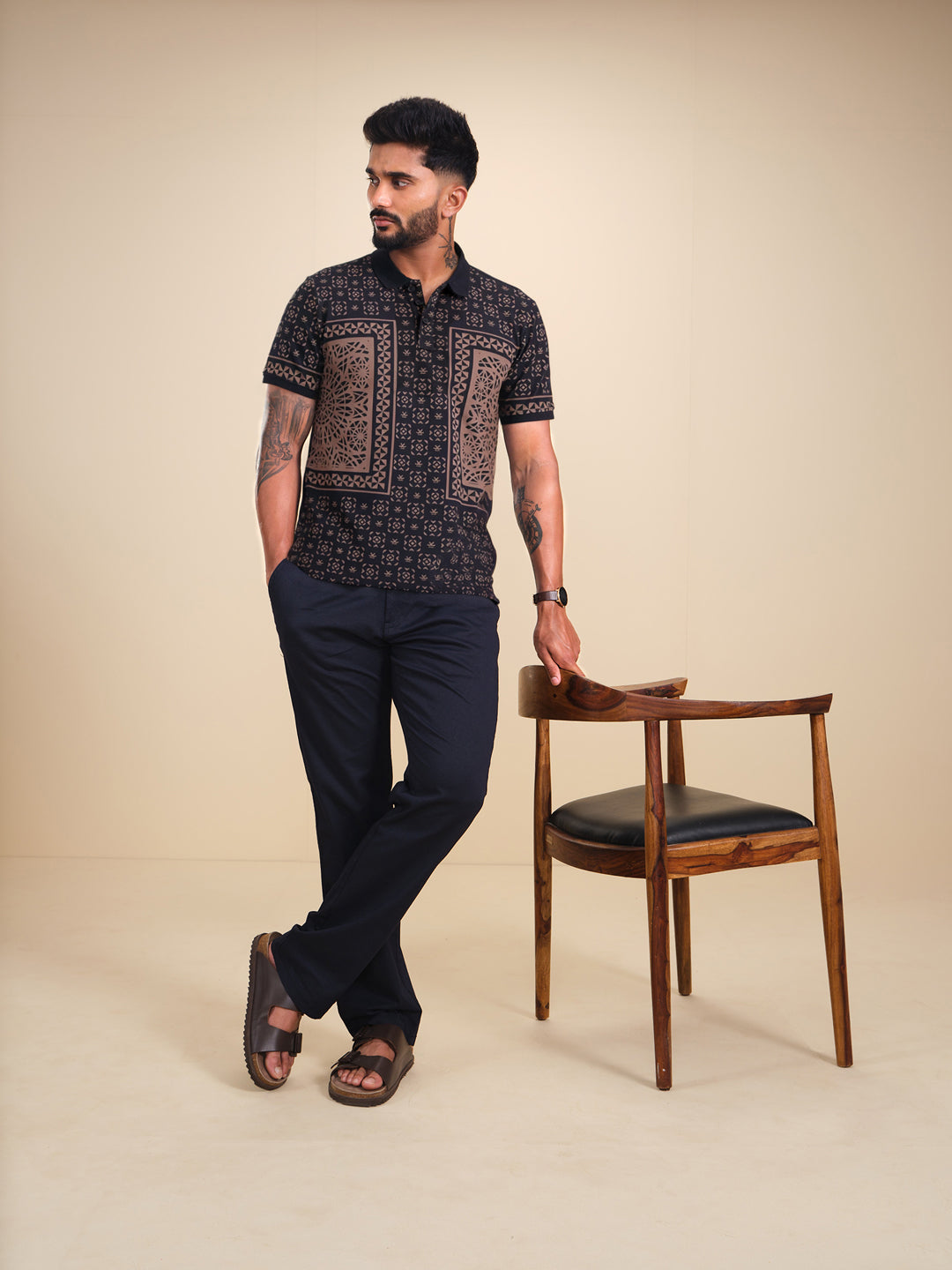 Slim Fit Pannel Printed Polo T-Shirt  | Black